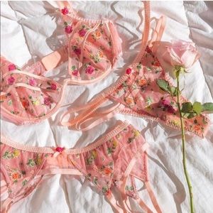 For Love And Lemons Pink Floral Bra, Garter and Panty Set